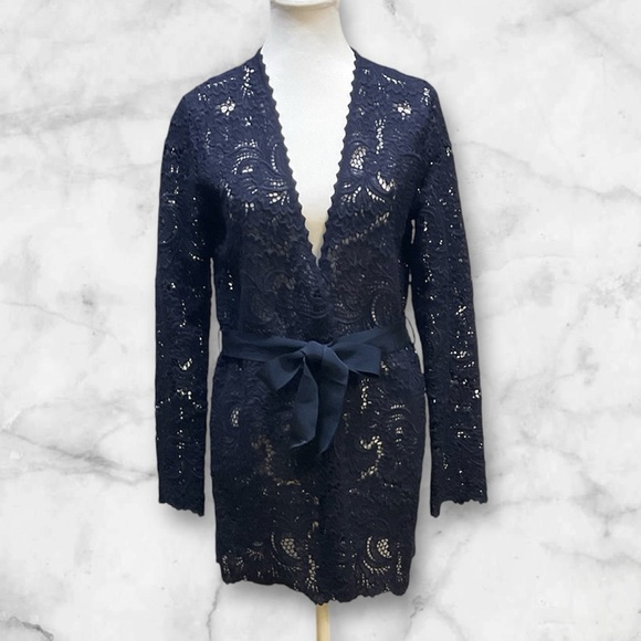 Carolina Herrera Sweaters - Carolina Herrera Belted Lace Cardigan Navy Blue Women's Sz M